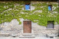 Wooden door in old medieval stone house, green ivy on the house over the door, Rupit, Spain. Magic house from wonderland