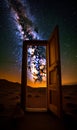 Wooden door open ajar in the middle of the desert. Amazing Milky Way view in the night sky at backdrop. Low angle view. Generative Royalty Free Stock Photo