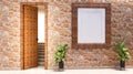 wooden door open on a stone brick wall with empty wooden frame, 3d open door with stair and plantes