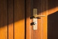 Wooden Door Sun Rays Modern Lock Handle Panel Warm Outdoors Entrance Detail Element Royalty Free Stock Photo