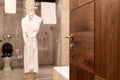 Wooden door to the bathroom in hotel or apartament. Royalty Free Stock Photo