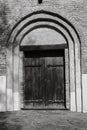 Wooden door to the church, Kyiv, Ukraine. St.Cyril church exterior, monochrome. Ancient doorway to cathedral. Royalty Free Stock Photo
