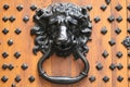 Wooden door with vintage Lion Face Shaped knocker and wrought iron details Royalty Free Stock Photo