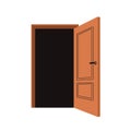 Wooden door wide open. Exit, entrance. Unlocked entry to house, home, room, apartment. Wood doorframe for entering