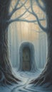 Wooden door in the winter forest. 3D illustration. Halloween concept. Royalty Free Stock Photo