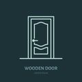 Wooden doors installation logo, repair flat line icon. Interior design thin linear sign for house decor shop, handyman