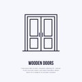 Wooden doors installation logo, repair flat line icon. Interior design thin linear sign for house decor shop, handyman