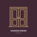 Wooden doors installation logo, repair flat line icon.