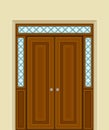 Wooden Double Door with Ornamental Side Window and Doorknob as Building Entrance Exterior Vector Illustration Royalty Free Stock Photo