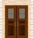 Wooden Double Door with Ornamental Window and Doorknob as Building Entrance Exterior Vector Illustration Royalty Free Stock Photo