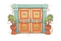 wooden double front doors with ornamental carvings, magazine style illustration