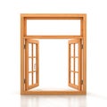 Wooden double window opened