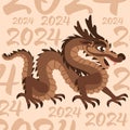 A wooden dragon with a background of numbers 2024. Cartoon dragon in brown shades in the concept of the character of the