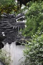 Wooden Dragon head sculpture on the top of the wall in the famous Yu Garden on downtown of Shanghai