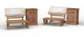 Wooden drawing table with bench and cabinet , clipping path incl