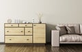 Wooden dresser and beige leather sofa 3d rendering