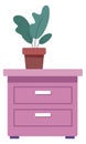 Wooden dresser icon. Drawer furniture with green plant