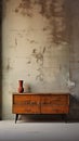 Wooden Dresser with Open Drawers on Concrete Wall with Peeling Paint - AI Generated