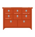 Wooden dresser with six drawers, blue handles, flat design. Simple furniture illustration, interior design element