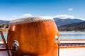 Wooden drum on a dragon boat, closeup Royalty Free Stock Photo