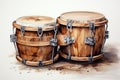 Wooden drums on a white background. 3d rendering. Computer digital drawing. Generative AI Generative AI