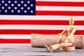 Wooden dummy and constitution of the USA. Royalty Free Stock Photo