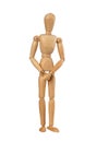 Wooden dummy covers his private parts with his hands.