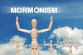 Wooden dummy puppet on sky background with word MORMONISM Royalty Free Stock Photo