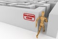Wooden dummy runing to solution in labyrinth Royalty Free Stock Photo