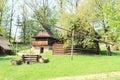 Wooden dwell in village with timbered houses