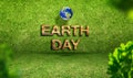 Wooden earth day word with blue globe at green grass room with b