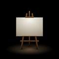 Wooden easel canvas board isolated stand in dark. Blank empty vector easel poster billboard