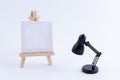 Wooden Easel Miniature with Blank White Square Canvas and Table Lamp