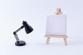 Wooden Easel Miniature with Blank White Square Canvas and Table Lamp