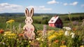 Wooden Easter bunny in wildflower field with farmhouse