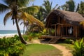 Wooden eco-house or eco-bungalow with a small veranda, surrounded by palm trees on the ocean, ecotourism concept