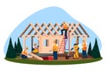 Wooden eco house construction. Vector flat illustration. Workers and builders building house or cottage in forest