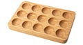 Wooden egg holder display tray for kitchen counter or refrigerator organizer storage solution Royalty Free Stock Photo