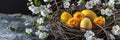 wooden eggshaped nest with empty yellow eggs