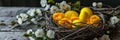 wooden eggshaped nest with empty yellow eggs