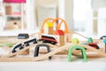 A wooden electric train and railway toy set for children in a daycare place and indoor playground Royalty Free Stock Photo