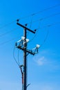 Wooden electricity pole against a blue sky . Hertfordshire. UK Royalty Free Stock Photo