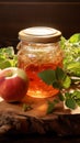 Wooden elegance Glass jar with apple jam, apples, and mint