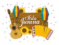 Wooden emblem with guitar and accordion to fasta junina