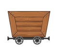 Wooden empty mine cart. Cartoon mine trolley. Vector design illustration isolated on white background