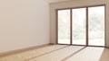 Wooden empty room interior design, open space with herringbone parquet floor, panoramic window, white walls, modern contemporary Royalty Free Stock Photo