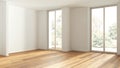 Wooden empty room interior design, open space with parquet floor, panoramic windows, white walls, modern contemporary architecture Royalty Free Stock Photo