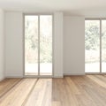 Wooden empty room interior design, open space with parquet floor, panoramic windows, white walls, modern contemporary architecture Royalty Free Stock Photo