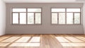 Wooden empty room interior design, open space with parquet floor, panoramic windows, white walls, modern contemporary architecture Royalty Free Stock Photo