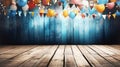 Wooden empty stage showcase with holiday balloons, flags, empty bokeh background